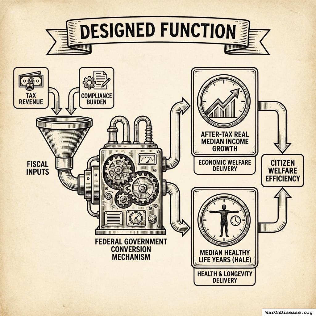 A flowchart illustrating the conversion process where fiscal inputs like tax revenue and compliance burdens are transformed by the federal government into terminal outcomes of median income growth and healthy life years.