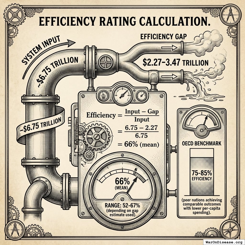 A comparison chart showing the current efficiency range and mean value relative to the significantly higher OECD benchmark range.