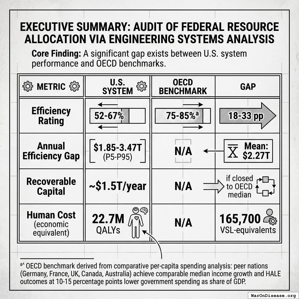 A comparative bar chart showing the efficiency rating gap between the U.S. and OECD benchmarks, highlighting the $2.27 trillion annual efficiency gap and the equivalent human cost in quality-adjusted life years.