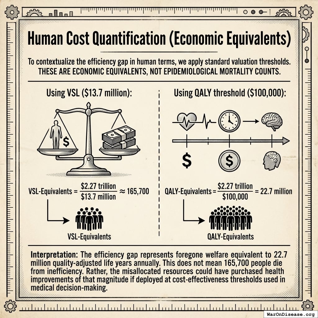A comparison showing the $2.27 trillion efficiency gap converted into human cost equivalents: 165,700 value-of-statistical-life (VSL) units and 22.7 million quality-adjusted life years (QALYs).