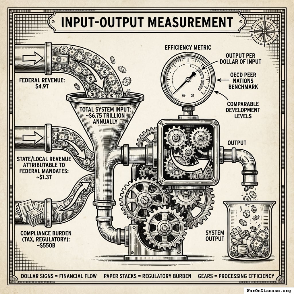 A breakdown of the $6.75 trillion total system input, showing the proportional distribution of federal revenue, state and local mandates, and regulatory compliance burdens.