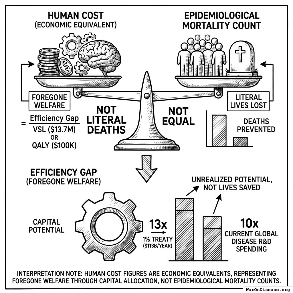 A proportional comparison chart illustrating the magnitude of the efficiency gap relative to the $27B 1% Treaty annual funding and current global disease R&D spending.