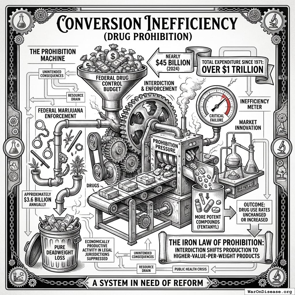 A comparison of massive federal drug control spending ($1 trillion cumulative, $45 billion annual) against stagnant usage rates and the shift toward higher-potency drugs like fentanyl under the Iron Law of Prohibition.