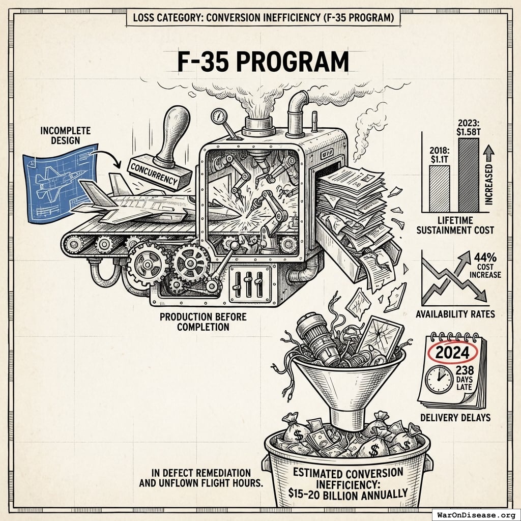 A comparison of rising F-35 lifetime sustainment costs against declining availability rates, highlighting the $15-20 billion annual loss from conversion inefficiency.