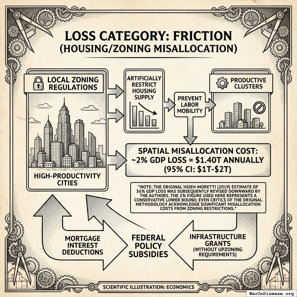 A visualization of the annual GDP loss attributed to housing misallocation, showing a central estimate of $1.40 trillion within a $1 trillion to $2 trillion confidence interval range.