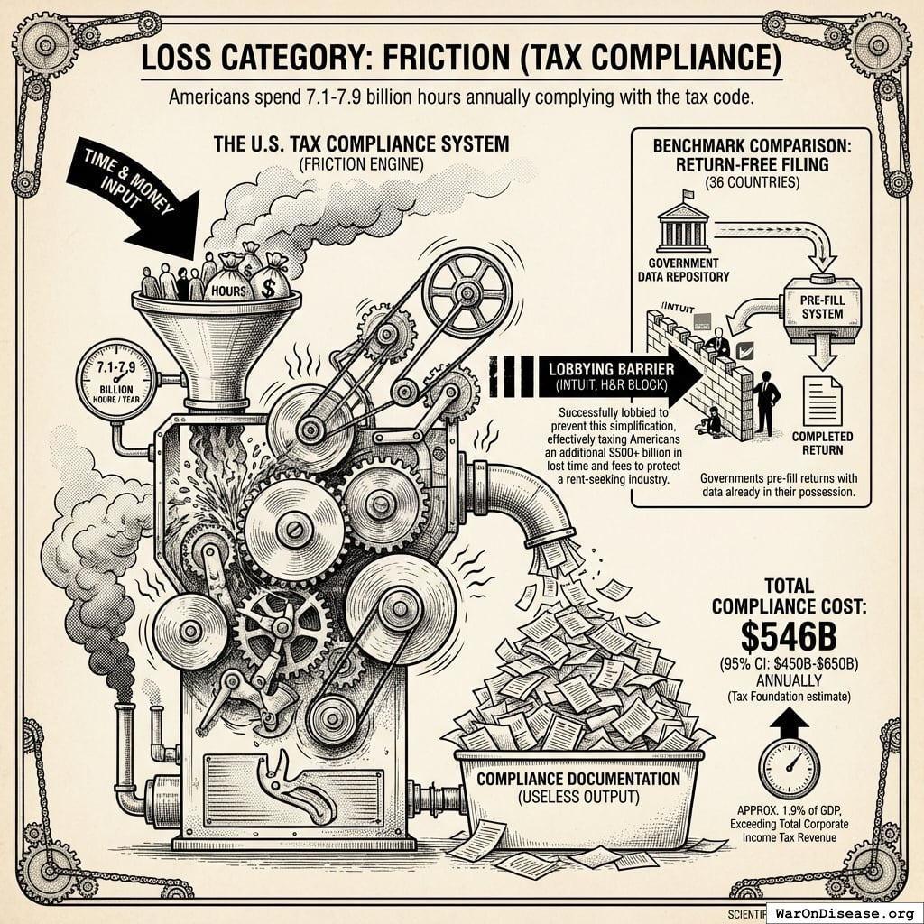 A comparison showing that U.S. tax compliance costs ($546 billion) exceed total corporate income tax revenue, representing 1.9% of national GDP.