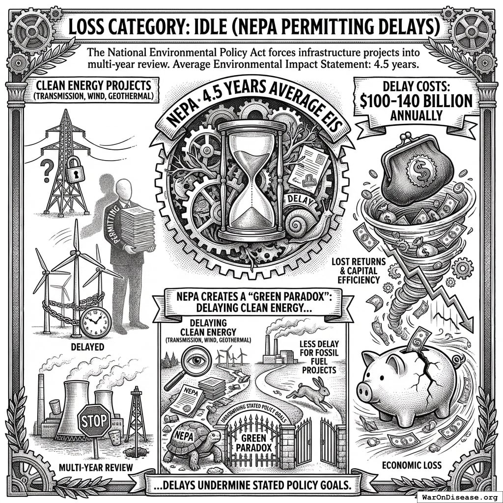 A visualization illustrating the 4.5-year average NEPA review timeline and the resulting $100-140 billion in annual economic losses, highlighting the disproportionate impact on clean energy projects.