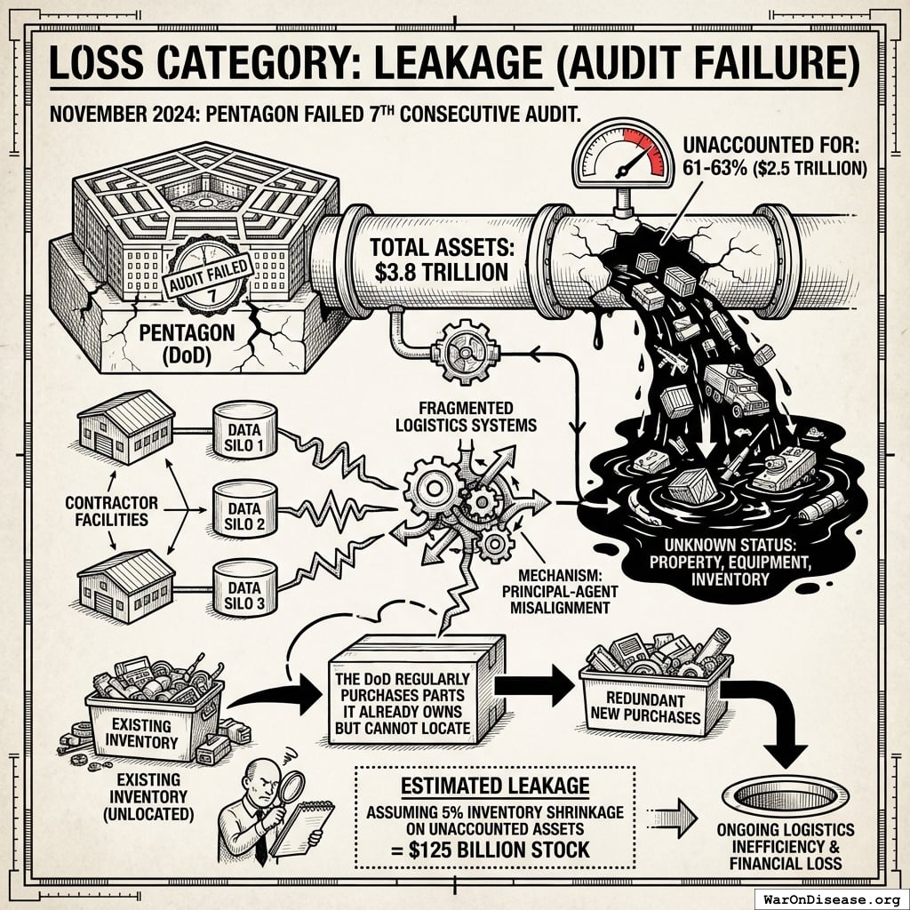 A breakdown of the Department of Defense’s $3.8 trillion asset pool showing the 61-63% ($2.5 trillion) portion that is currently unaccounted for, leading to an estimated $125 billion in inventory shrinkage.