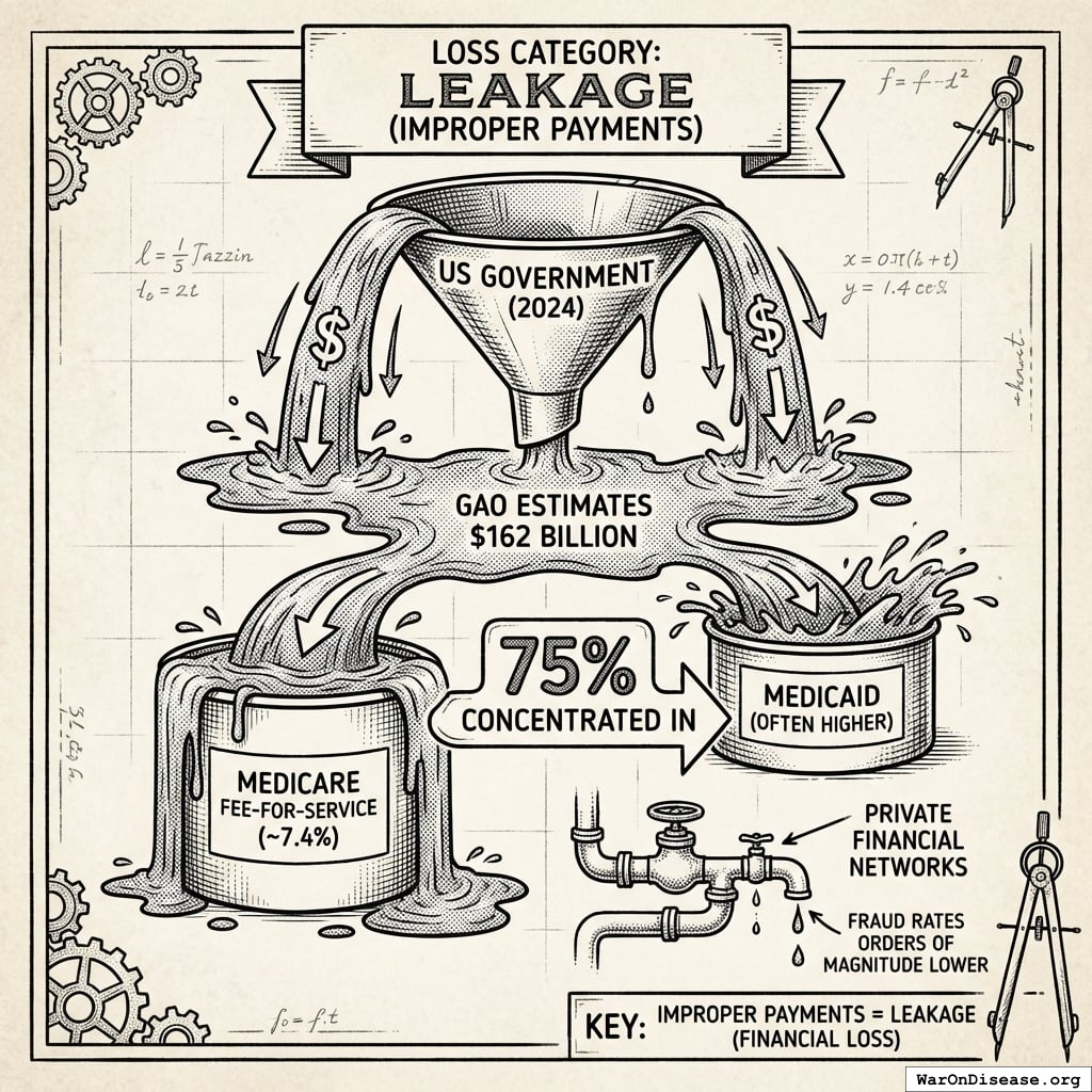 A comparison of government improper payment rates, specifically highlighting the 75% concentration in Medicare and Medicaid against significantly lower private sector fraud benchmarks.