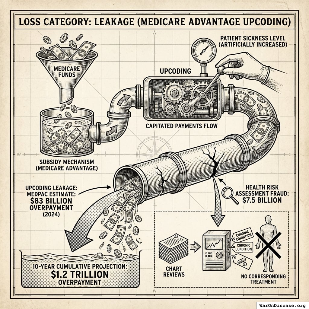A comparison of estimated Medicare Advantage overpayments, highlighting the $83 billion annual cost for 2024 against a $1.2 trillion ten-year projection and $7.5 billion in specific fraud categories.