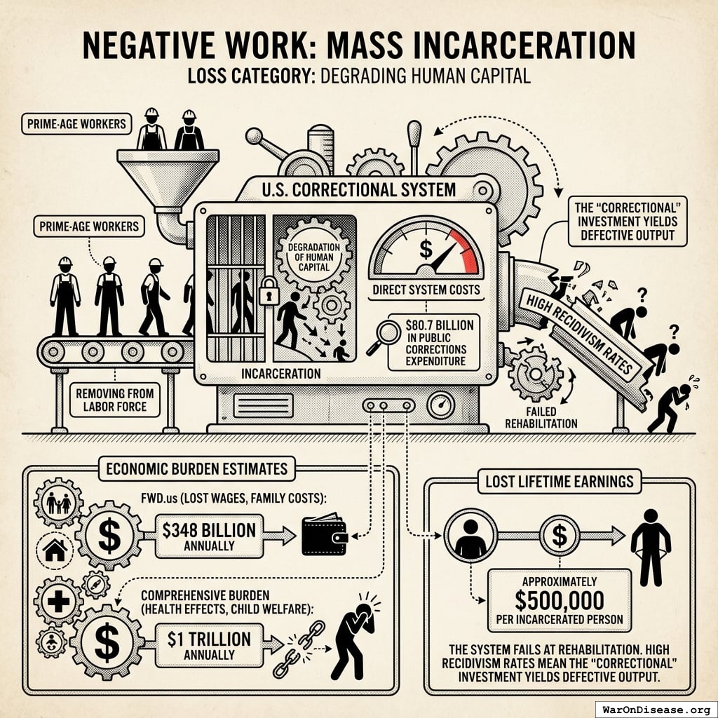 A comparison of the escalating economic impacts of mass incarceration, contrasting the $80.7 billion direct public cost against the $1 trillion comprehensive social and economic burden.