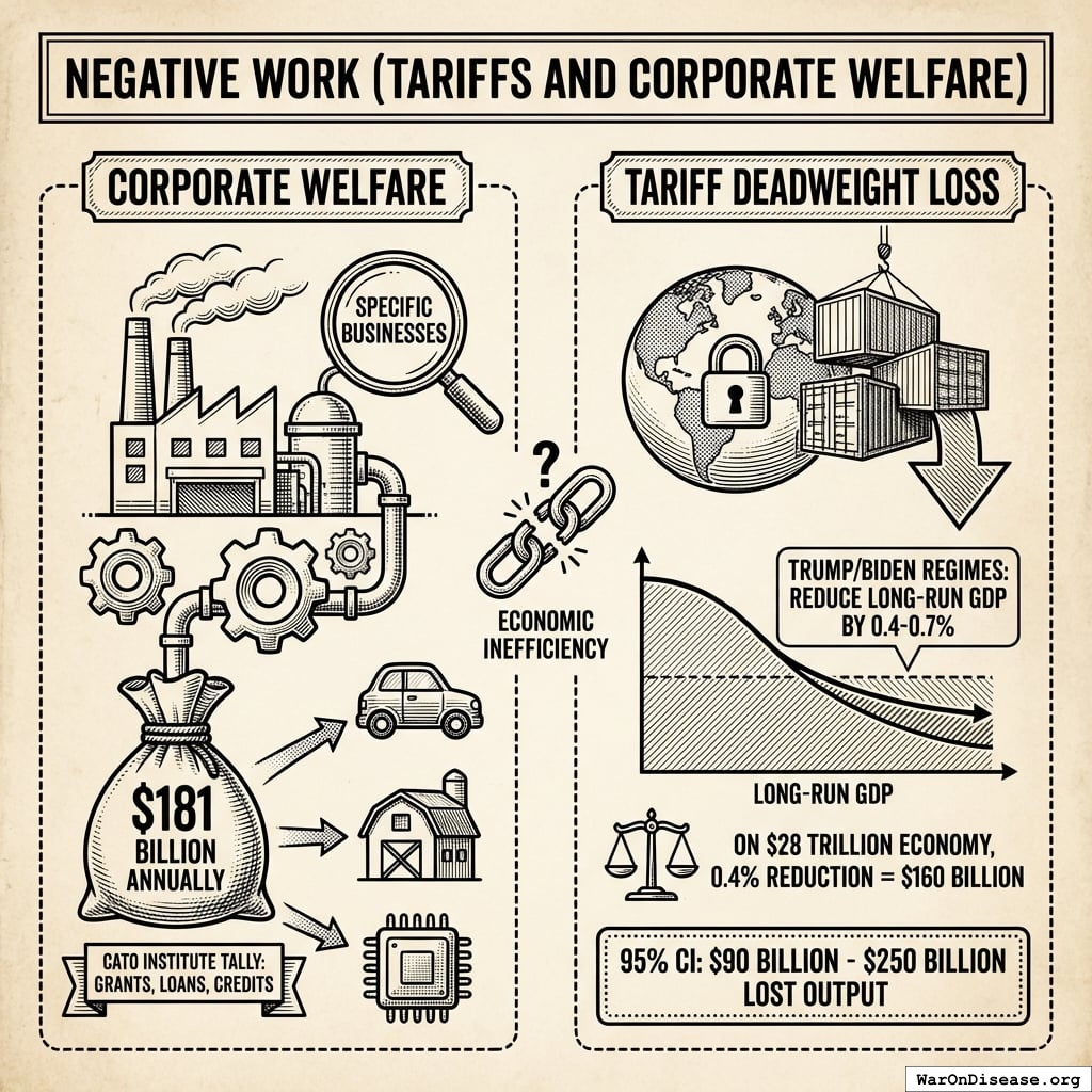 A comparison of the annual economic costs of corporate welfare and tariff deadweight loss, highlighting the similar scale of impact between $181 billion in subsidies and the $160 billion loss in output.