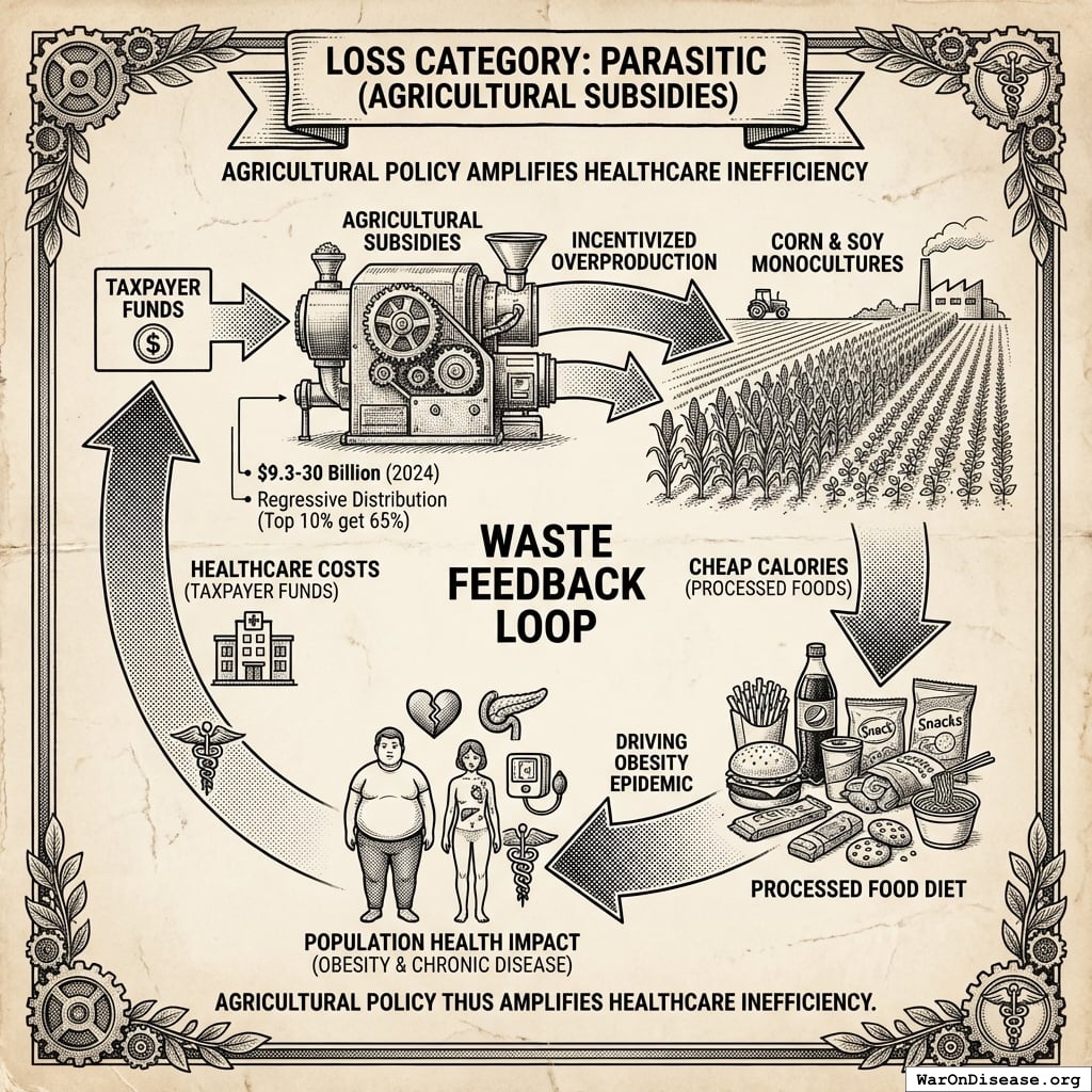 A flowchart depicting the ‘Waste Feedback Loop’ where regressive agricultural subsidies drive the overproduction of corn and soy, leading to a cycle of processed food consumption, obesity, and increased healthcare expenditures.