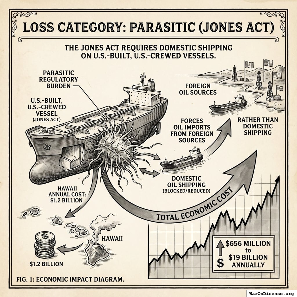 A comparison chart showing the $1.2 billion annual cost to Hawaii relative to the estimated national economic impact of the Jones Act, which ranges from $656 million to $19 billion.
