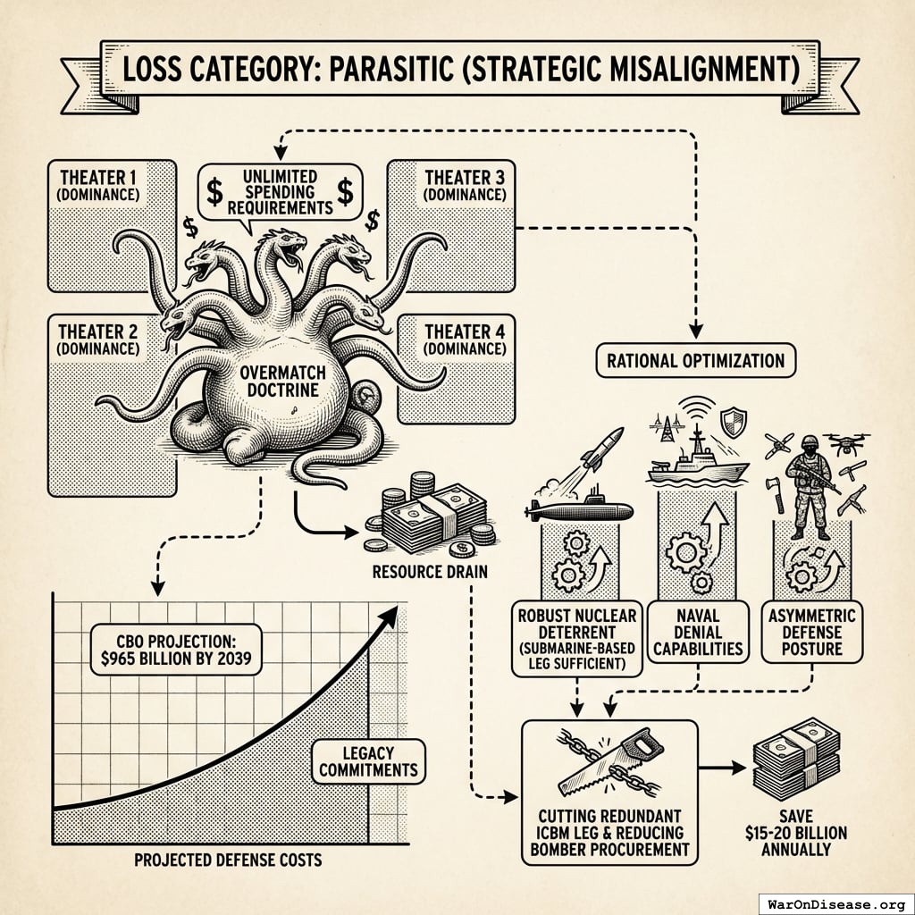 A comparison of the projected $965 billion defense budget against the potential $15-20 billion in annual savings from strategic nuclear cuts.