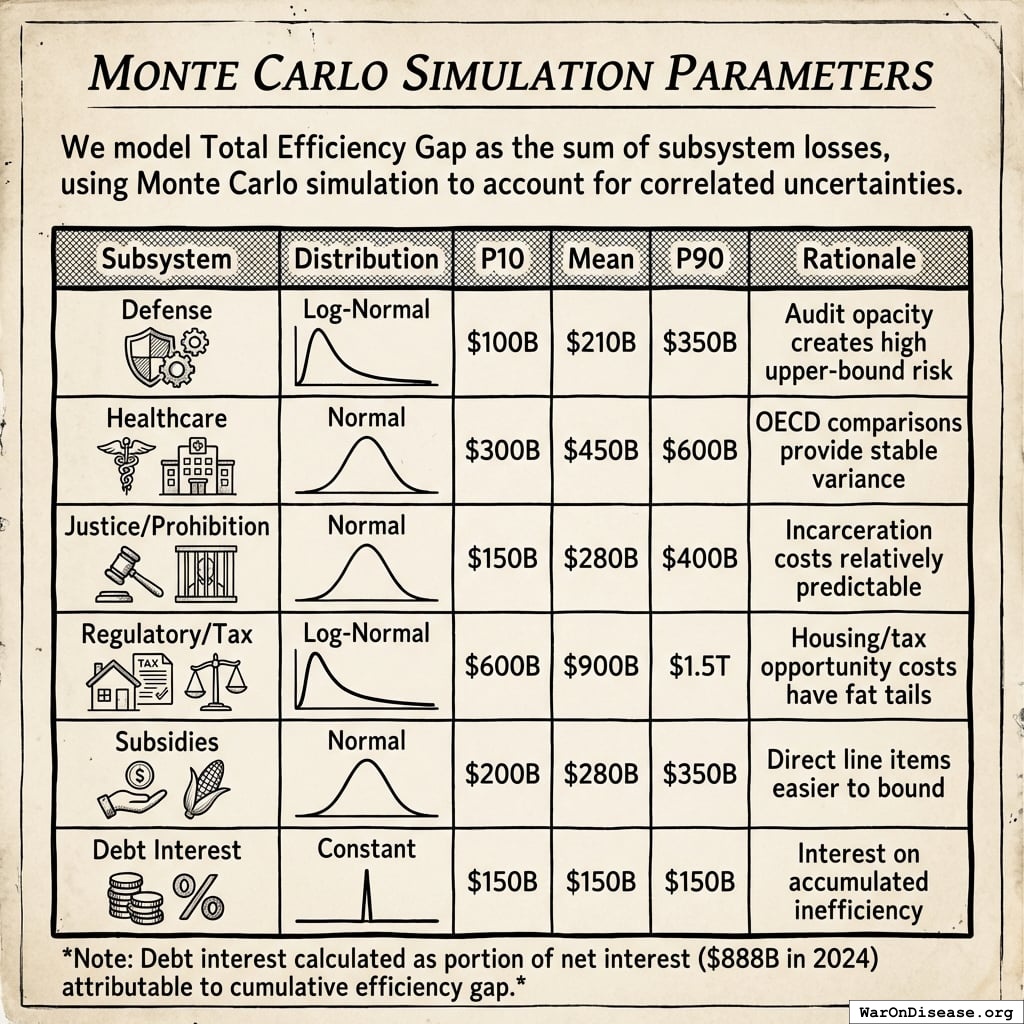 A range chart comparing the mean annual efficiency gap across six subsystems, with error bars representing the P10 to P90 uncertainty intervals.