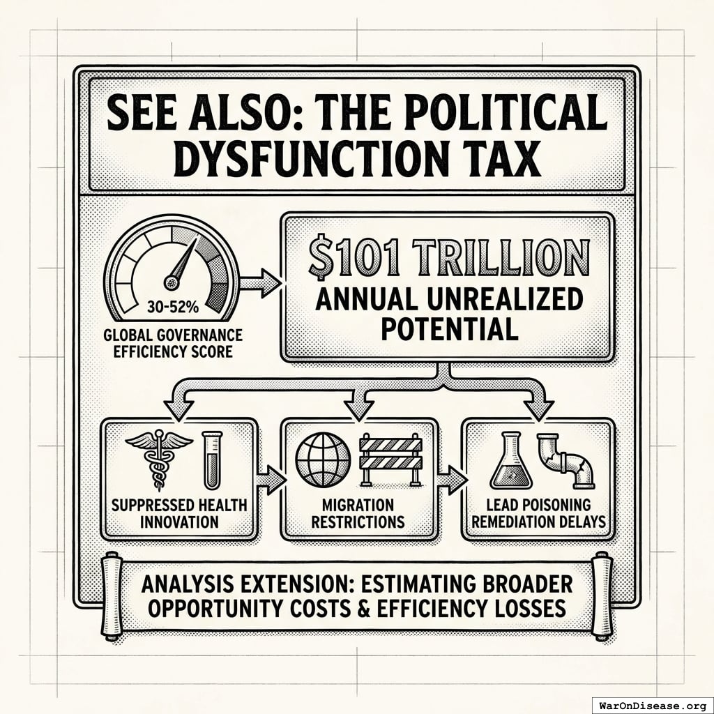 A visualization showing the 30-52% Global Governance Efficiency range and the $101 trillion in annual unrealized potential across sectors like health, migration, and environmental remediation.