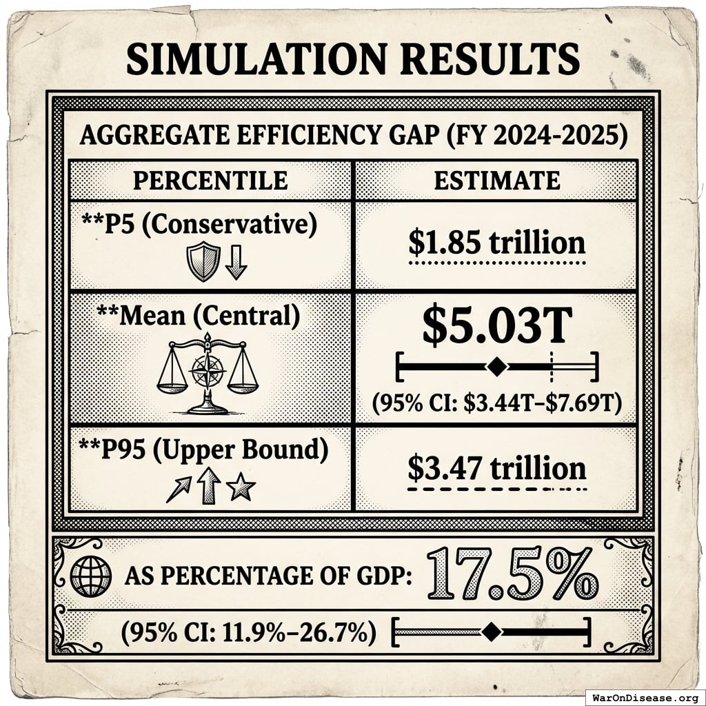 A comparison chart of the FY 2024-2025 Aggregate Efficiency Gap estimates, illustrating the mean value of $5.03 trillion alongside its 95% confidence interval and percentile distributions.