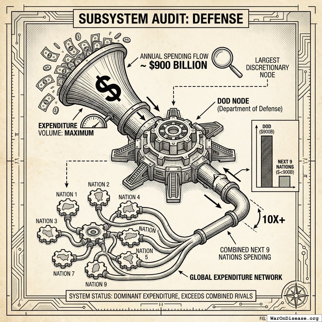 A comparison of the $900 billion U.S. defense budget against the combined military expenditures of the next nine highest-spending nations.