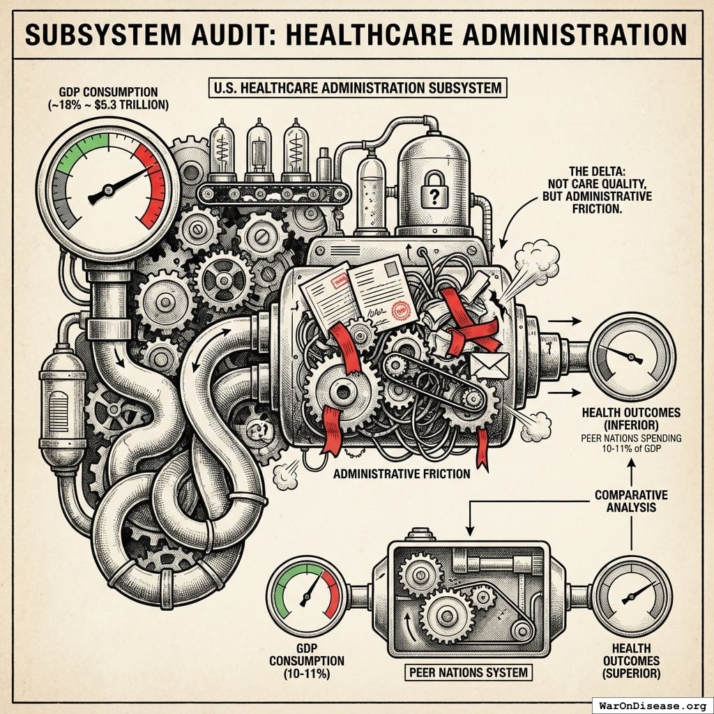 A comparison of healthcare spending as a percentage of GDP between the U.S. (18%) and peer nations (10-11%), highlighting the financial discrepancy linked to administrative overhead.