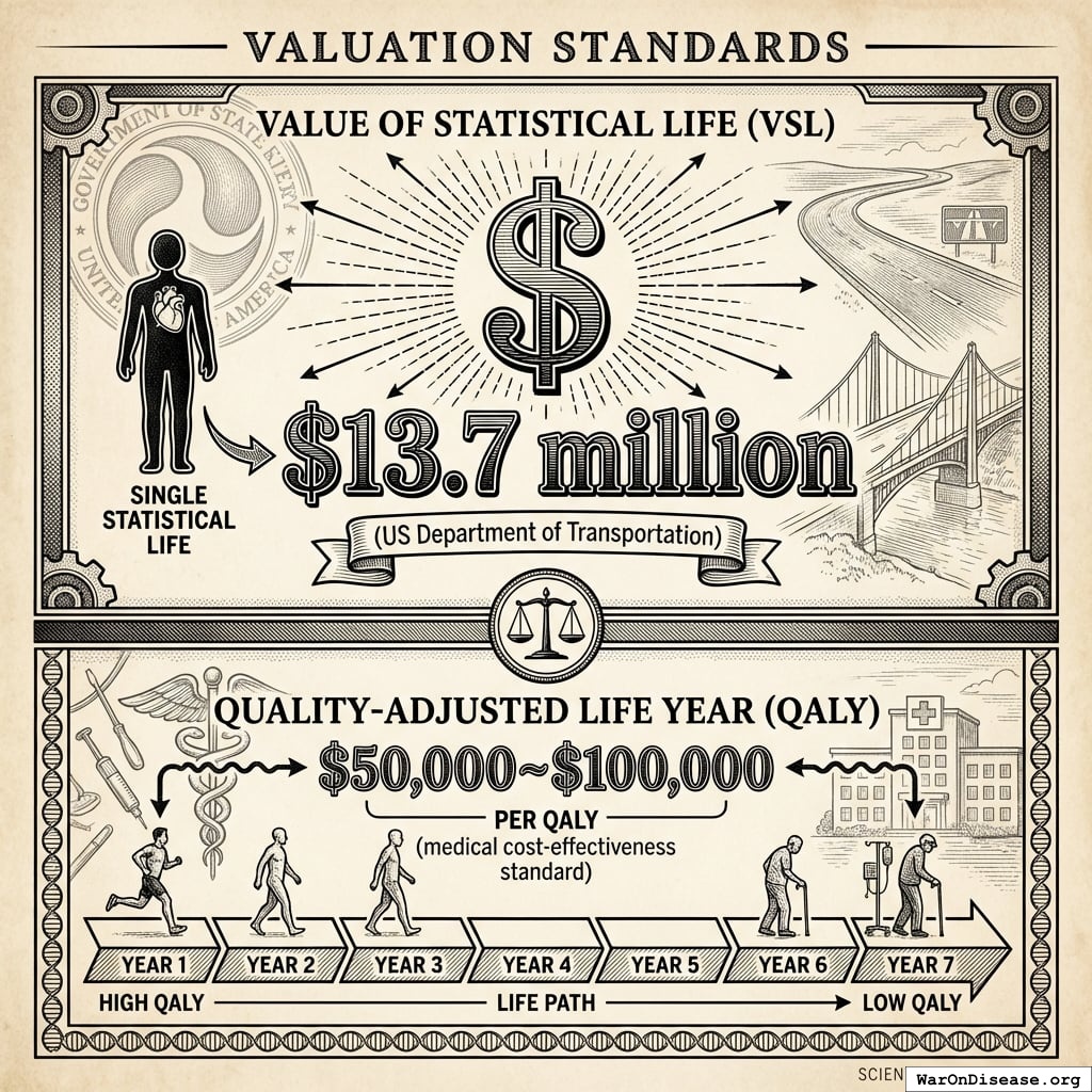 A comparison showing the massive scale difference between the $13.7 million Value of Statistical Life (VSL) and the $50,000–$100,000 Quality-Adjusted Life Year (QALY) standards.